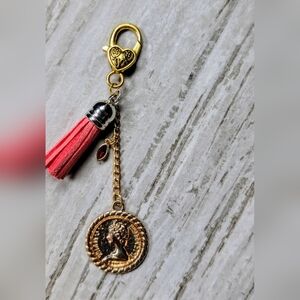 Gold and Pink Tassel Bag Charm with Coin Charm